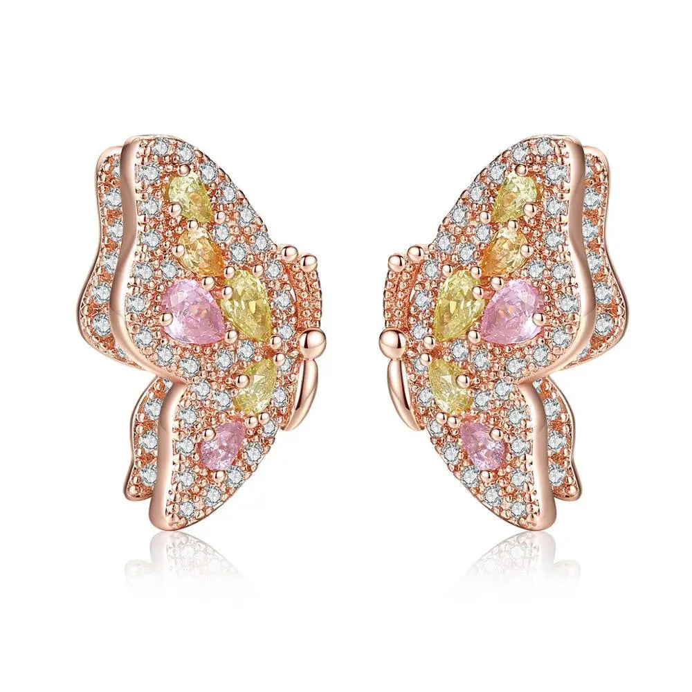 LUOTEEMI Hot Sale Fancy Colorful Butterfly Shape Stud Earring With Multi-Color Fine CZ Crystal Stone for Angel Girl Party Gift