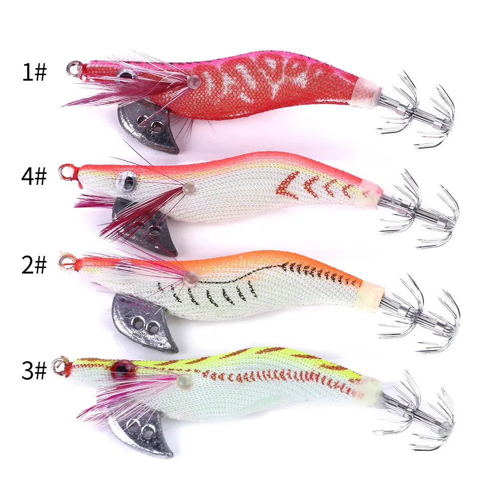 2.0# 8cm 7.4g Luminous Squid Jigs Fishing Lures Artificial Bait Wood Shrimp