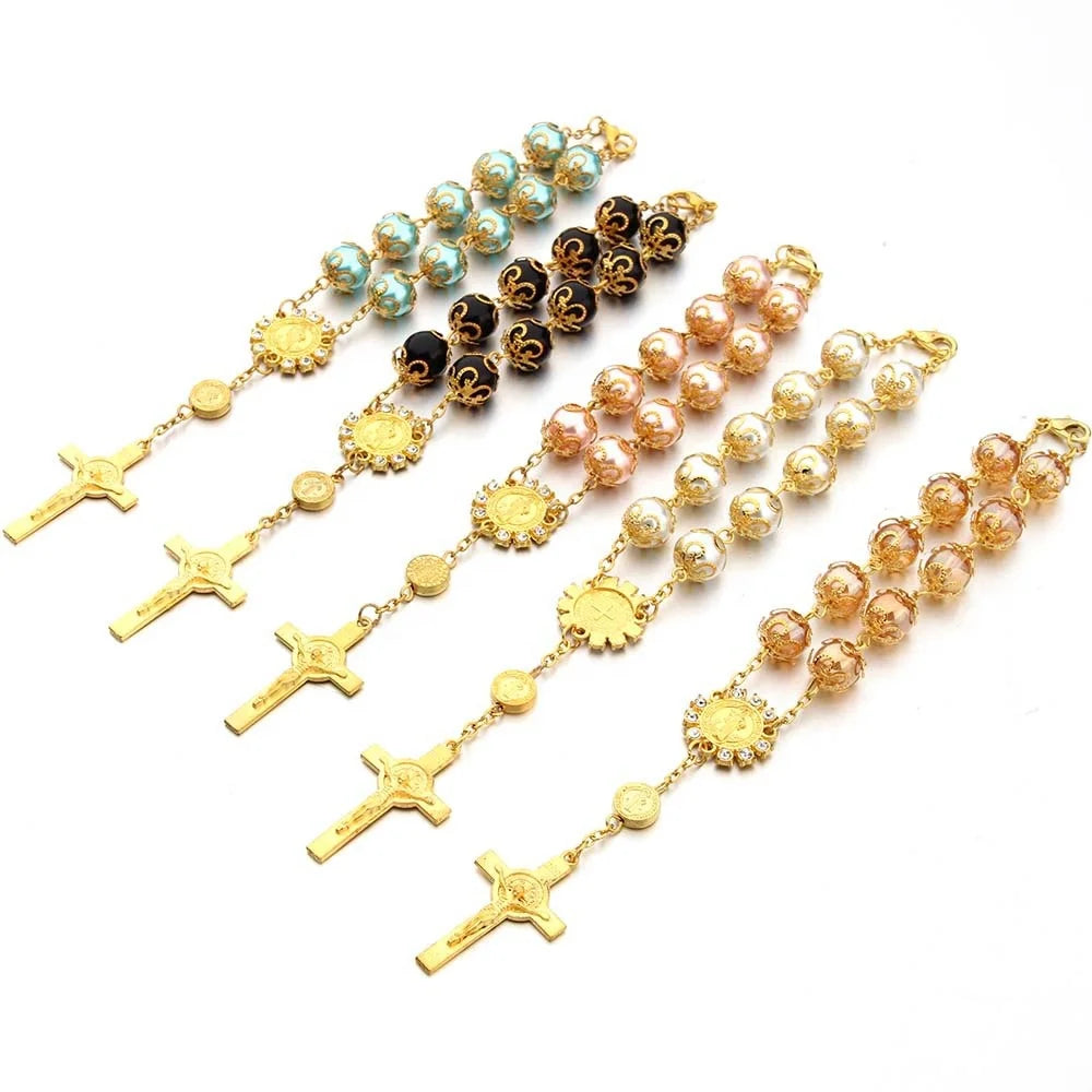 Wholesale Receptacle 10mm Glass Pearl Beaded Rosary Bracelets Gold Plated Crucifix Blue Rosary
