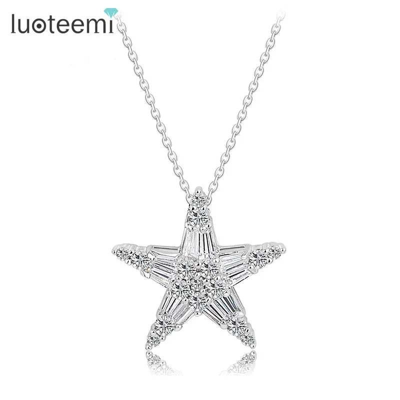 LUOTEEMI Wholesale Newest Platinum Plated Luxury a AA Clear CZ Crystal Women Party Wedding Jewelry Star Necklace