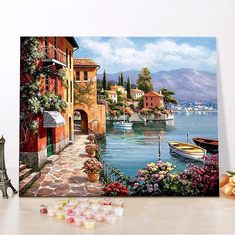 CHENISTORY 99018-Y Painting by Numbers Diy Charming Harbor Framed Oil Paintings Canvas with Wood Frame
