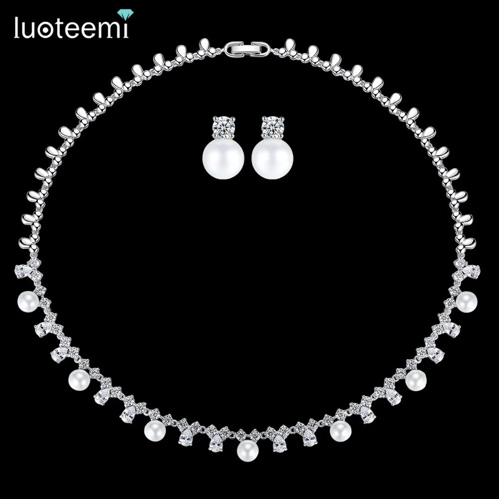 LUOTEEMI Decoration Gift Created Pearls Bridal Jewellery Sets Necklace Earring for Women Nobel Style Wedding Accessories