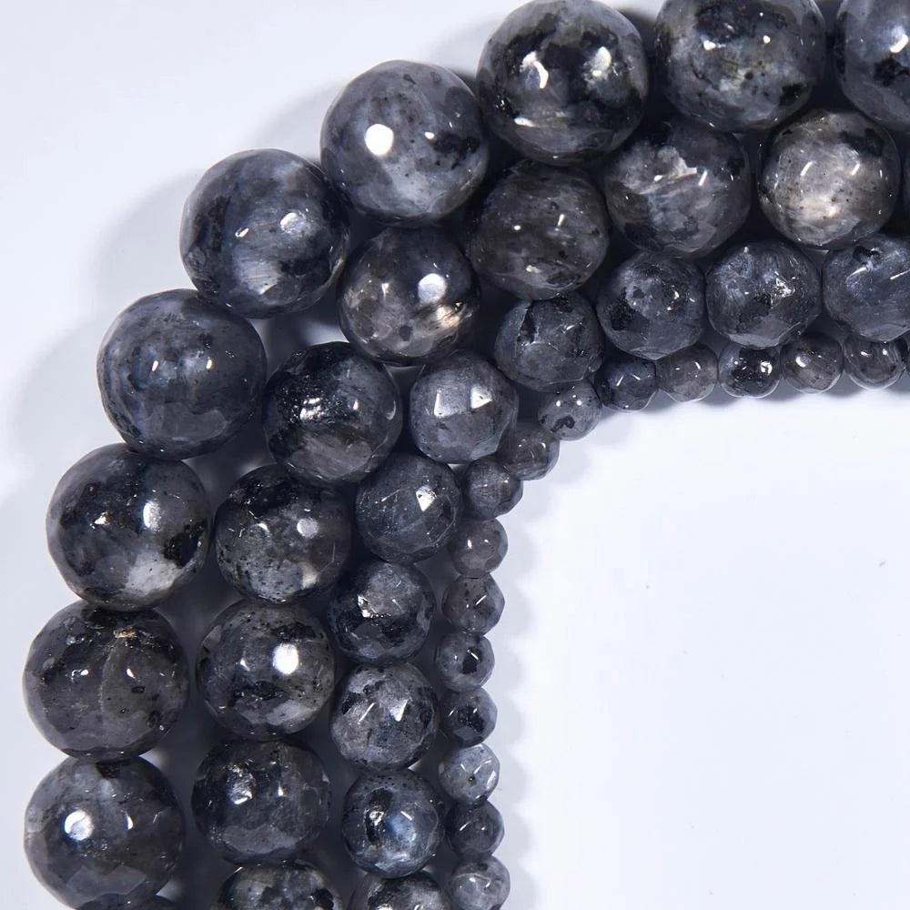 Natural Stone Larvikite  ROUND Cutting Faceted Loose Beads for Jewelry Making Black Labradorite Beaded