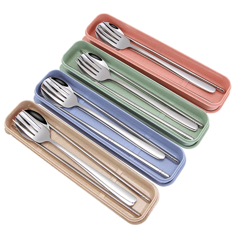 Korean Style Portable Metal Flatware Set Reusable Stainless Steel Chopsticks Spoon Fork Cutlery Eco-Friendly Paper Packaging