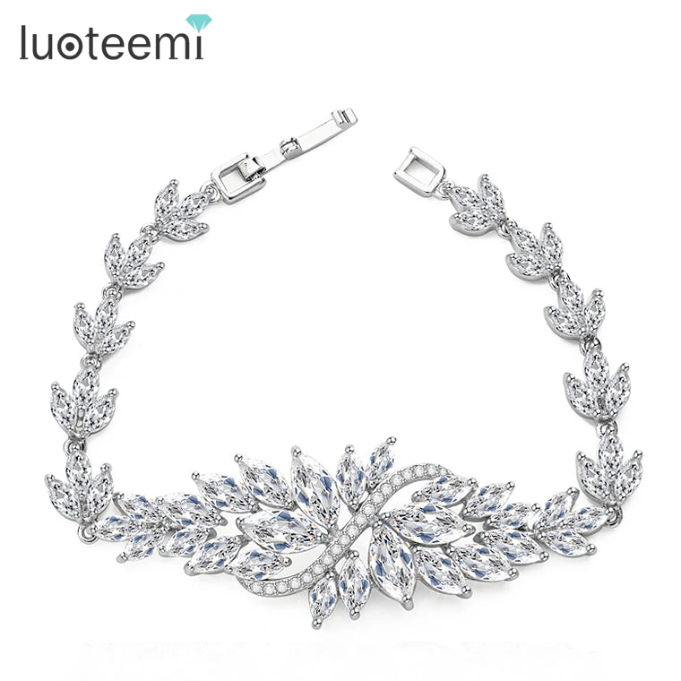 LUOTEEMI Wholesale Fashion Marquise Cut Clear Cubic Zircon Promotion New Rhodium White Gold Luxury Wedding Bridal Bracelet