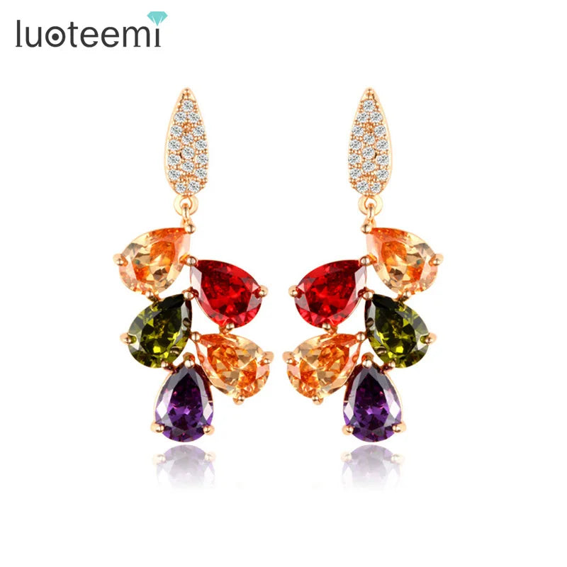 LUOTEEMI Jewelry Wholesale Hot Popular Multi Color a AA Zircon Stone 18K Gold Ear Tops Design Mona Lisa Earring