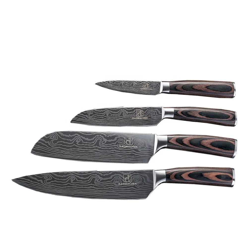 4pcs Professional Damascus Pattern Kitchen Knife Set with  Wood Handle
