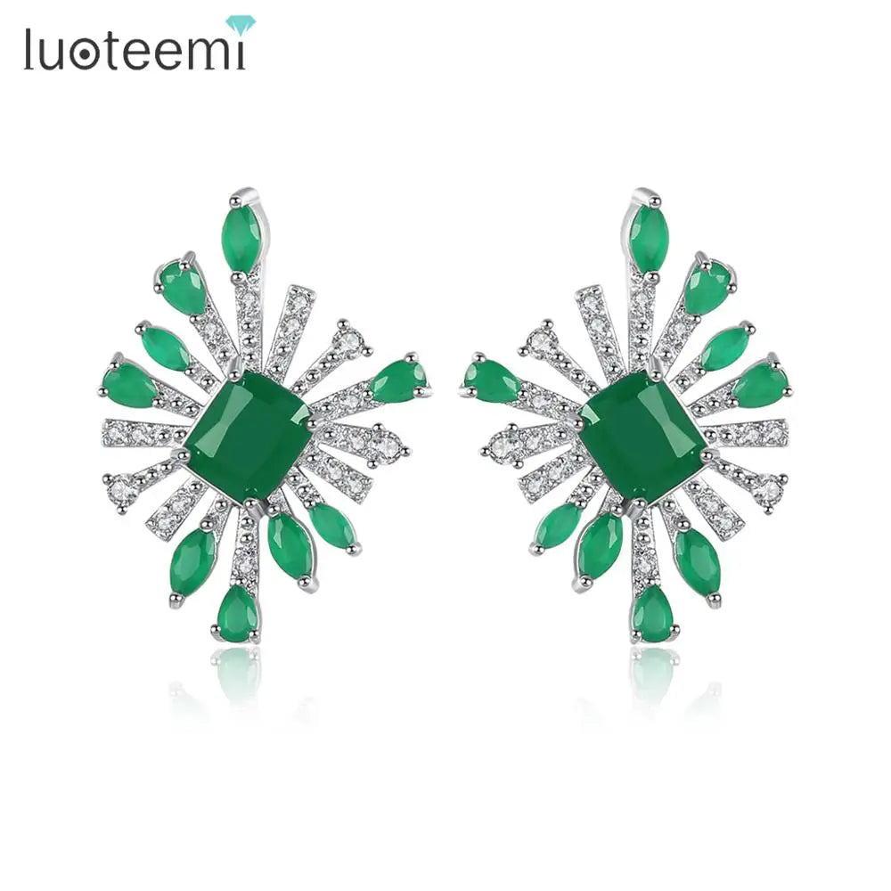 LUOTEEMI Gold Plated Radiation Shaped a AA Cubic Zirconia Earrings Women Gift Vintage Green Stud Earrings