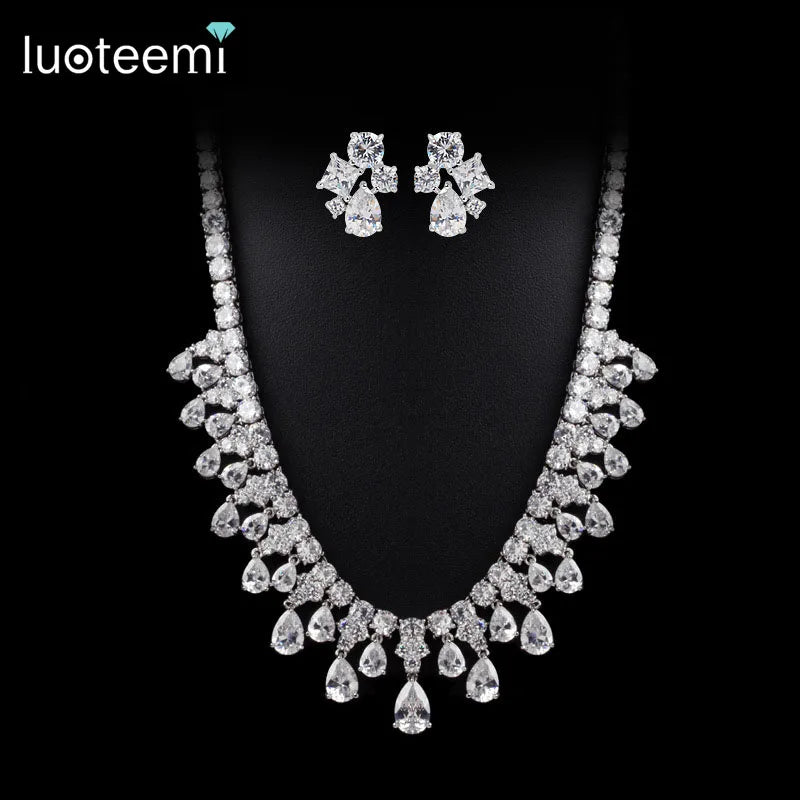 LUOTEEMI Tops Fashion Luxury Clear Cubic Zirconia Women Beautiful Quality Wedding CZ Bridal Jewelry Sets