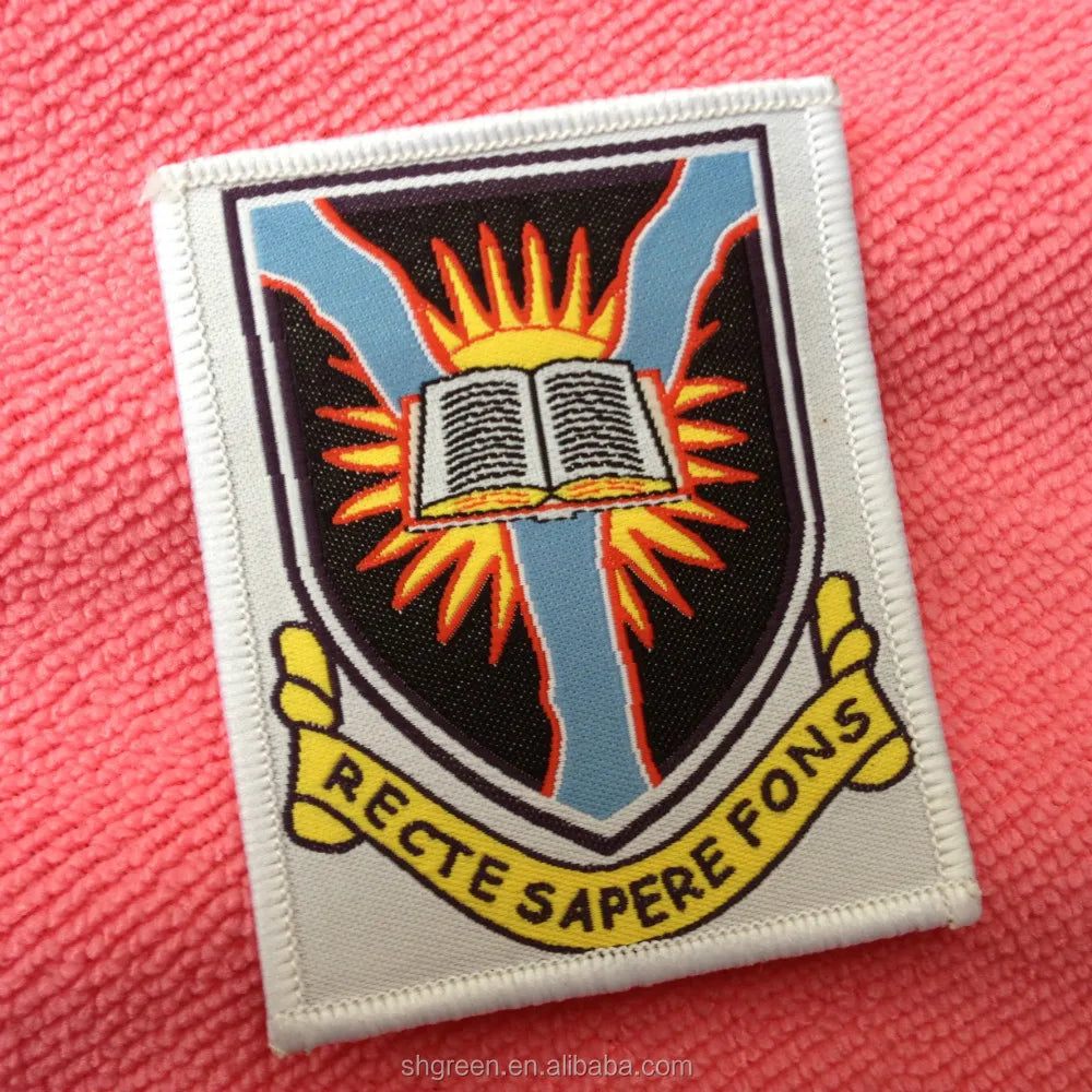 School Uniform Sewing on Woven Badge Fabric Labelweaving Clothing Badge With Merrow Border