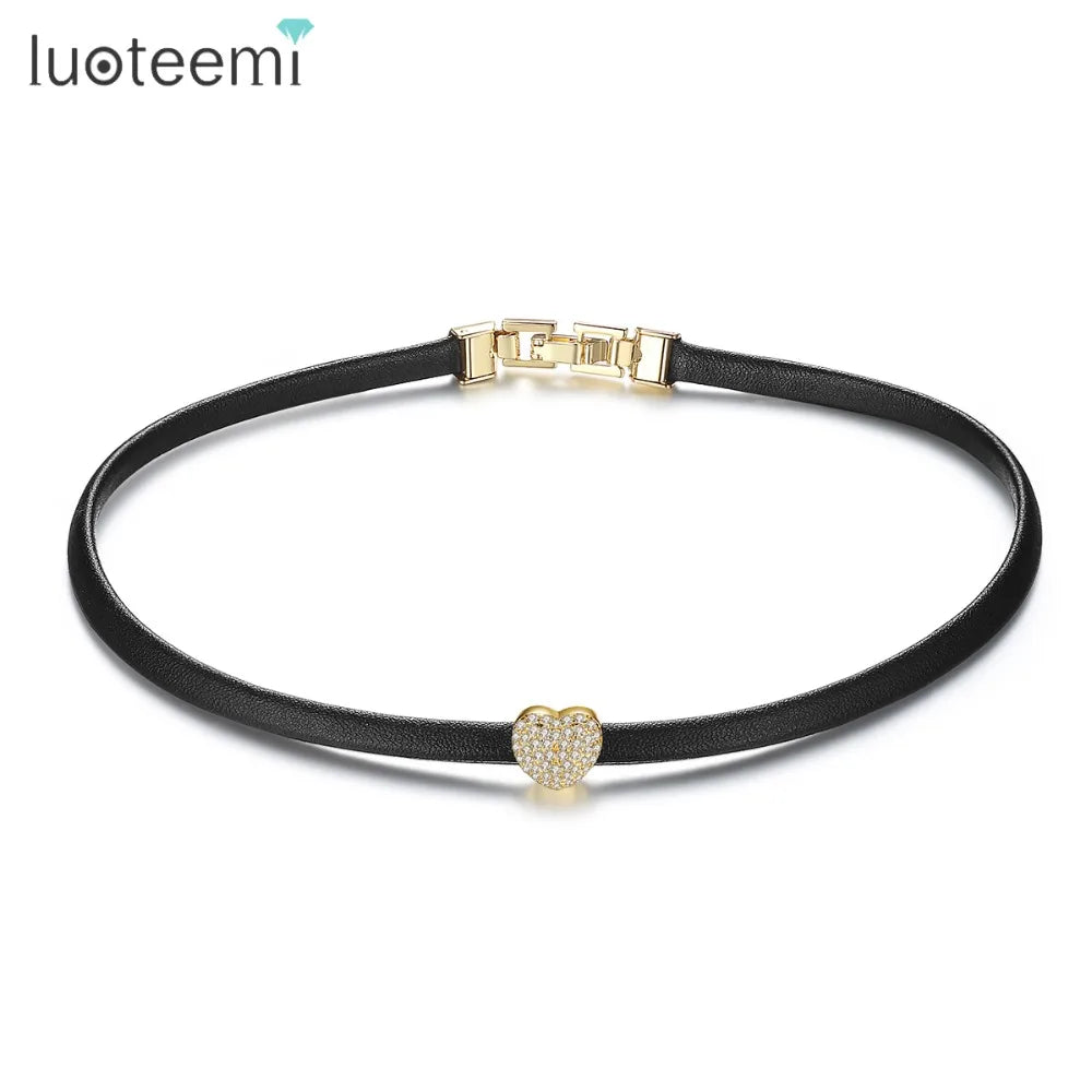 LUOTEEMI Women New Design Cubic Zirconia Micro Pave Set Heart Leather Women's Choker Necklace