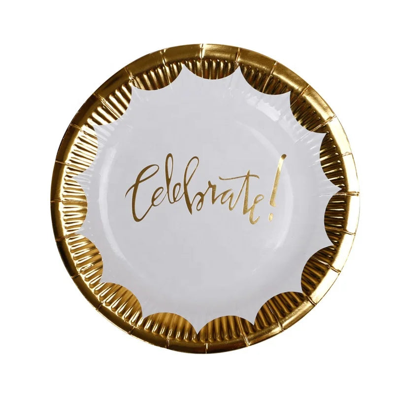 Wholesale New Hot Sell Disposable Vivid  250gsm  9 Inch Gold Celebrate Paper Plates