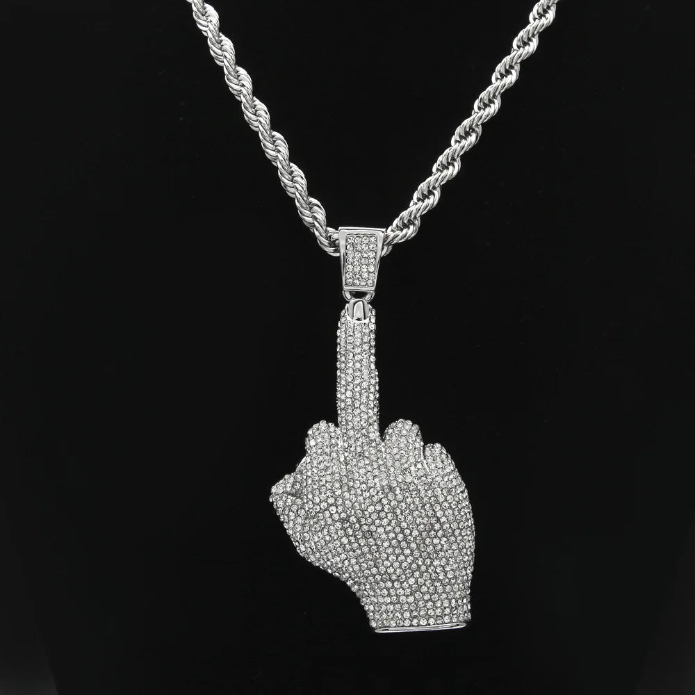 Hip Hop Men Gold Color Full Rhinestone Big Middle Finger Pendants Necklaces With 6mm 30inch Rope Chain Chain Jewelry