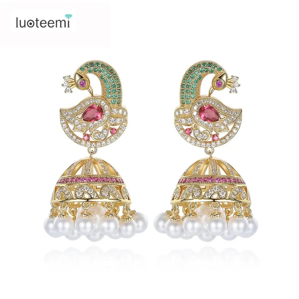 LUOTEEMI Ethnic Bridal Pearl Umbrella Indian Drop Jhumka Earrings Jewelry for Women