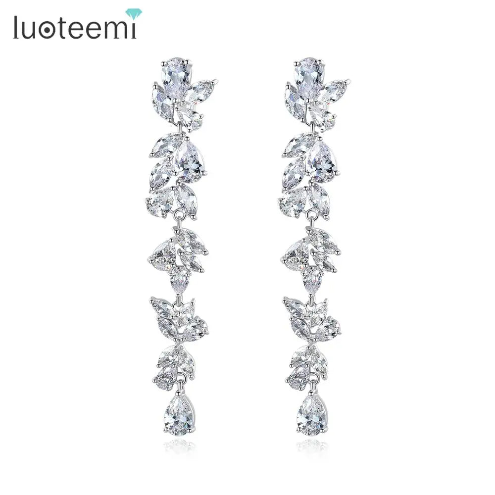 LUOTEEMI Luxury Leaf Shaped Cubic Zirconia Long Drop Earrings for Women Wedding Long Earring Jewelry