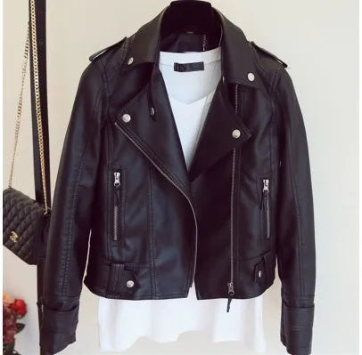 Female New Design Spring Autumn PU Leather Jacket Faux Soft Leather Coat Slim Black Motorcycle Jaqueta De Courro Feminina