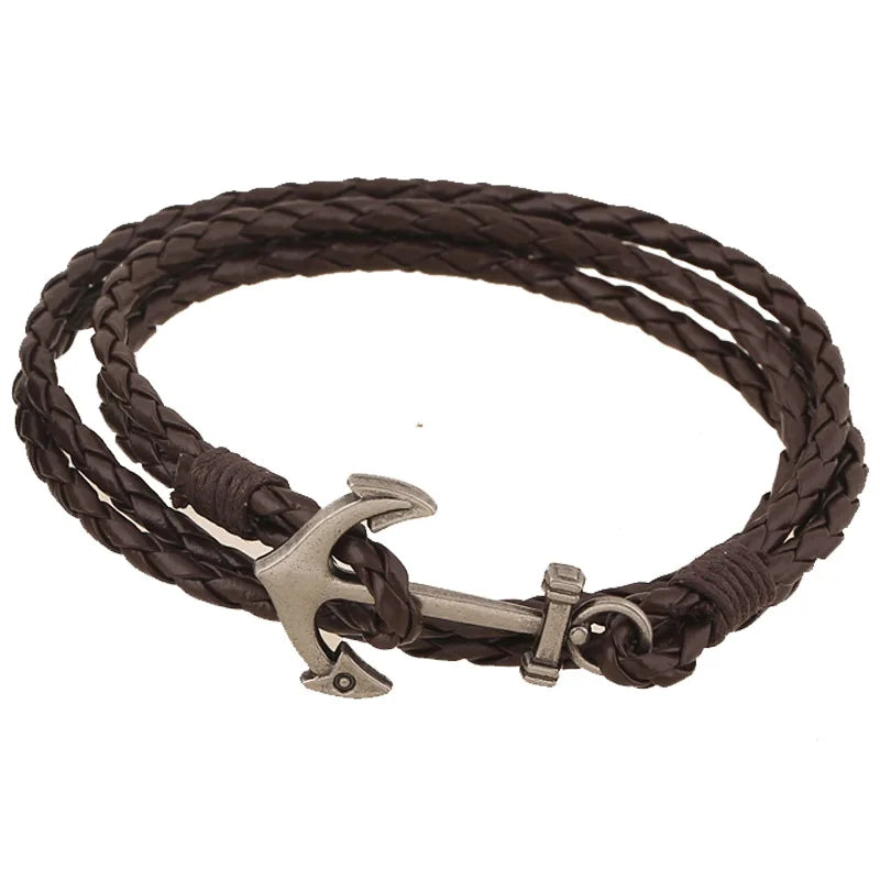 Handmade PU Leather Braid Bracelet with Metal Anchor Men's Fashion Charm Bracelets Jewelry