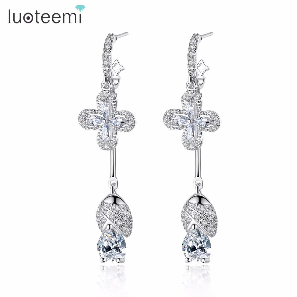 LUOTEEMI Women Long Luxury Shiny Pave 3A Cubic Zirconia Earrings Exquisite CZ Chandelier Wedding Bridal Earrings Flower