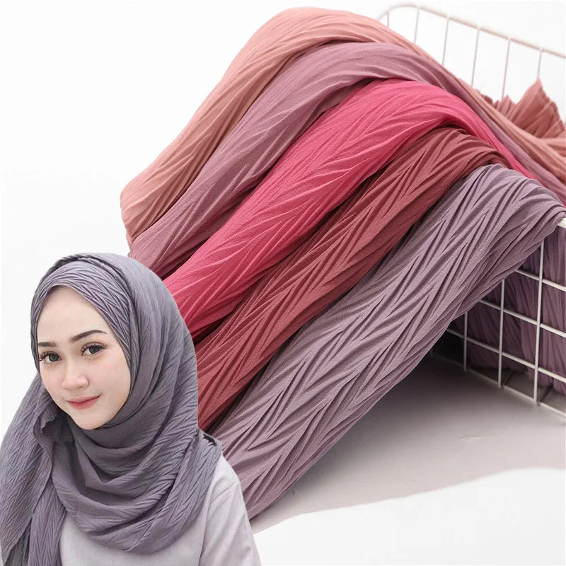 Hot Selling Popular Crumpled Plain Bubble Chiffon Hijab Scarf Malaysia Women Fashion Wrap Shawl