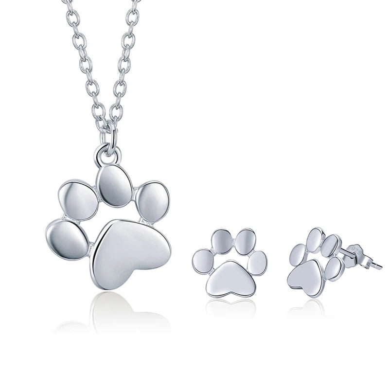GT02 Fashion 925 Sterling Silver Animal Footprints Cat Dog Paw Necklace and Earring Set Cute Fine Jewelry for Women Girls