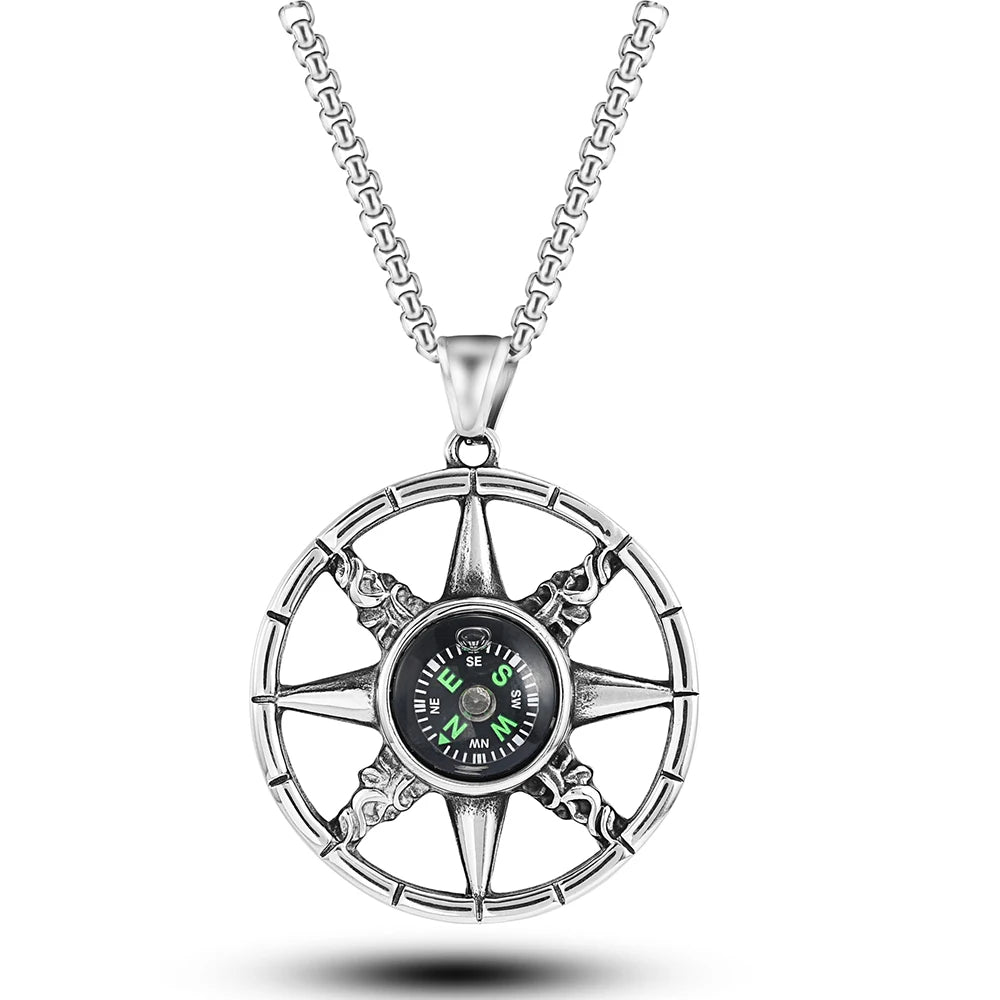 Hot Sale Compass Necklace Design Personality Punk Style Stainless Steel Compass Pendant Necklace Design for Men