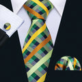 Wholesale Cheap Green Plaid Silk Woven Men Ties and Hanky Cufflinks Set Cravate Checked Silk Neck Ties for Men