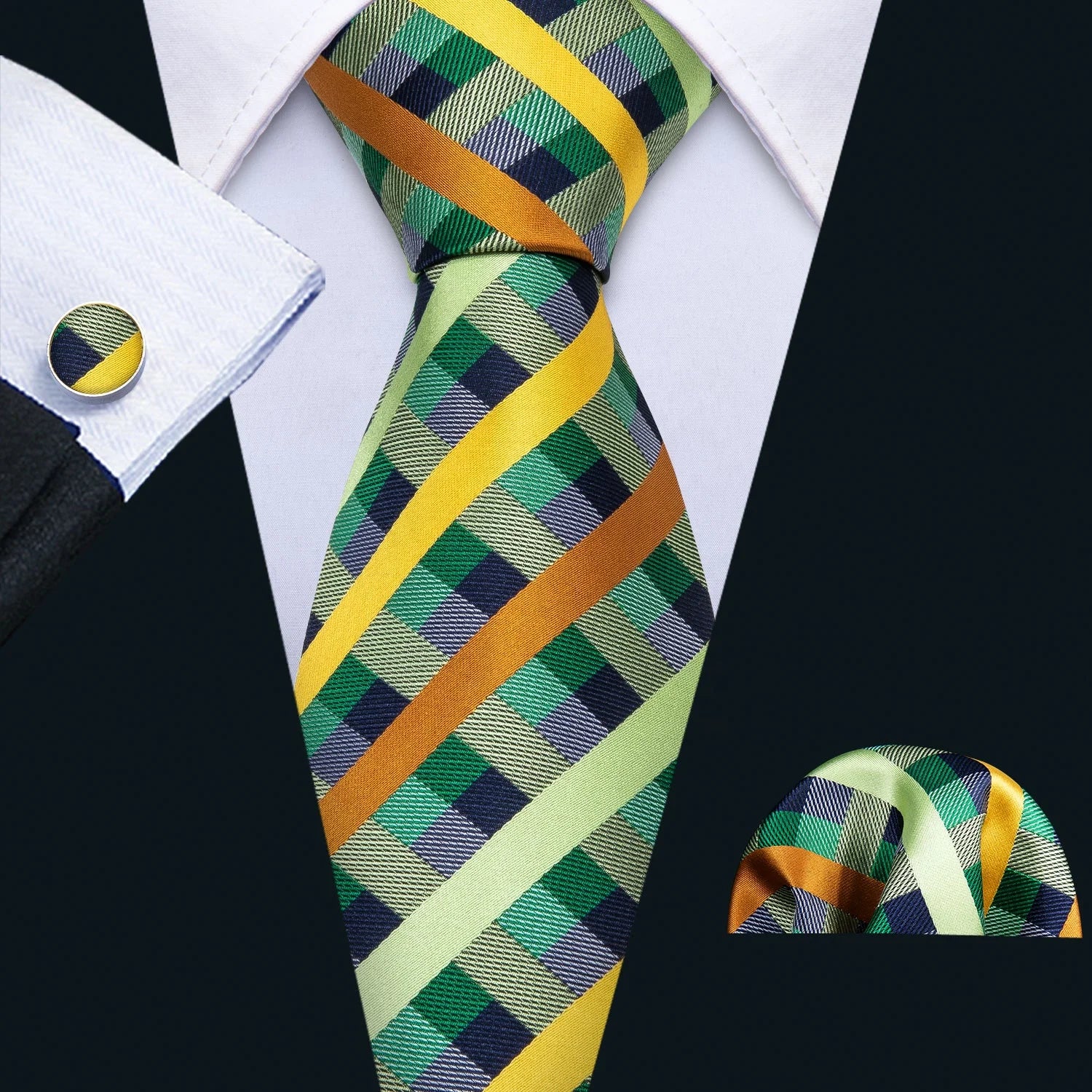 Wholesale Cheap Green Plaid Silk Woven Men Ties and Hanky Cufflinks Set Cravate Checked Silk Neck Ties for Men