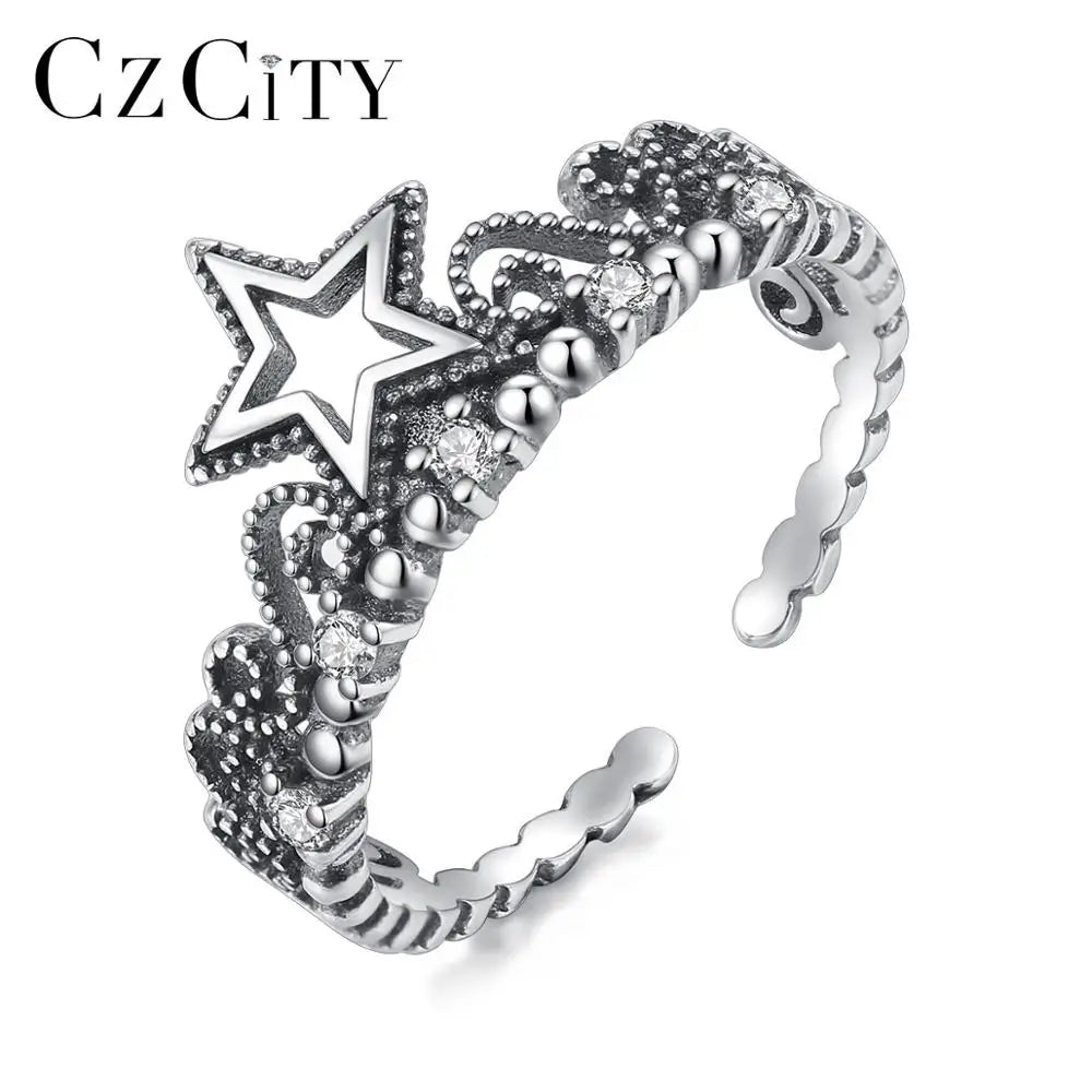 CZCITY Fashion Star Black Gold Diamond Silver Sterling New Trendy 2021 925 Adjustable Fashion Ring