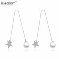 LUOTEEMI Fashion White Gold Color Zirconia Crystal Star and White Created Pearl Threader Pull Through Dangle Earrings for Women
