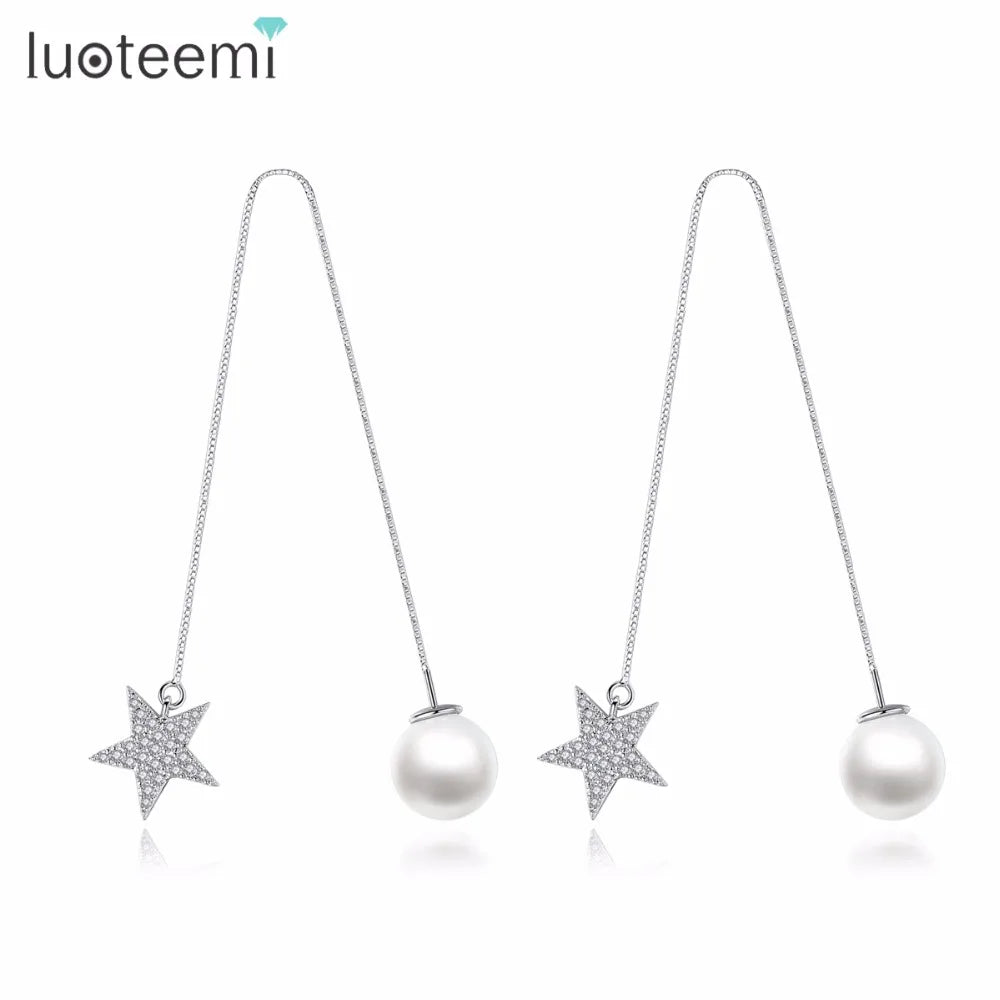 LUOTEEMI Fashion White Gold Color Zirconia Crystal Star and White Created Pearl Threader Pull Through Dangle Earrings for Women
