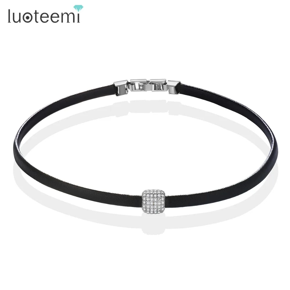 LUOTEEMI Geometric Zircon Charm Beads With Black Braid Handmade Leather Chocker Colar Necklace for Women