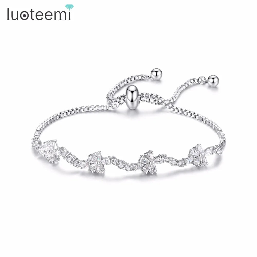 LUOTEEMI Romantic CZ Flower Adjustable Slide Bracelets for Women Fashion Bridal Bracelets & Bangles Pulseras Mujer Wedding