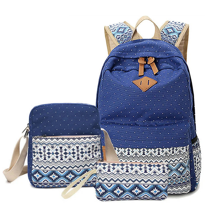 16oz Printed Canvas Backpack Bag Set Wholesale Hot Sell Women Cotton Waterproof Unisex Computer Interlayer Zipper Soft Handle