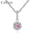 CZCITY Women Women Sister Necklace Wave 925 Silver Chain Pendant Fine Jewelry Pink Flower Pendant