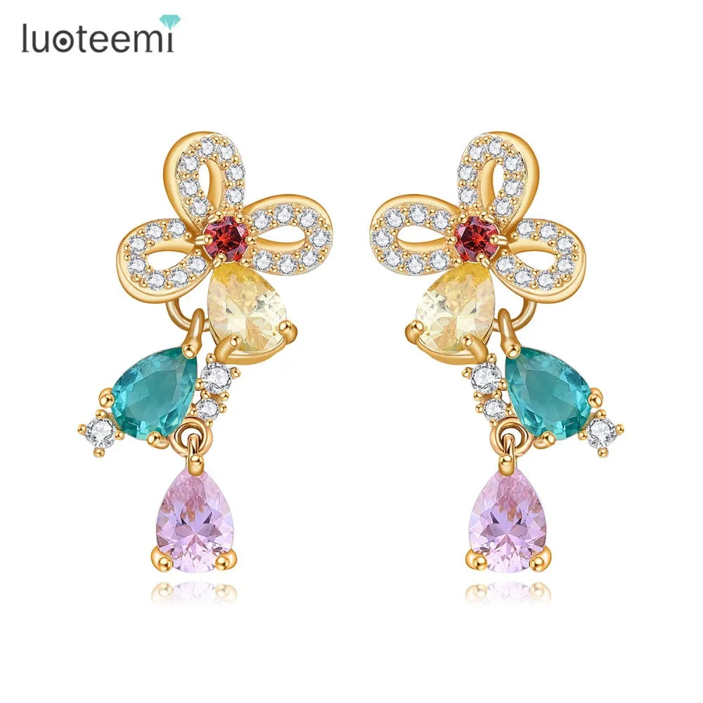 LUOTEEMI New Design Luxury Champagne Gold Plated Fashion Women Christmas Gift Flower Stud Multi CZ Earrings