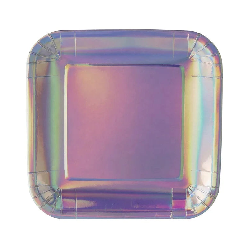 Wholesale New Hot Sell Disposable 250gsm  9 Inch Square Rainbow Silver Foil Paper Plates