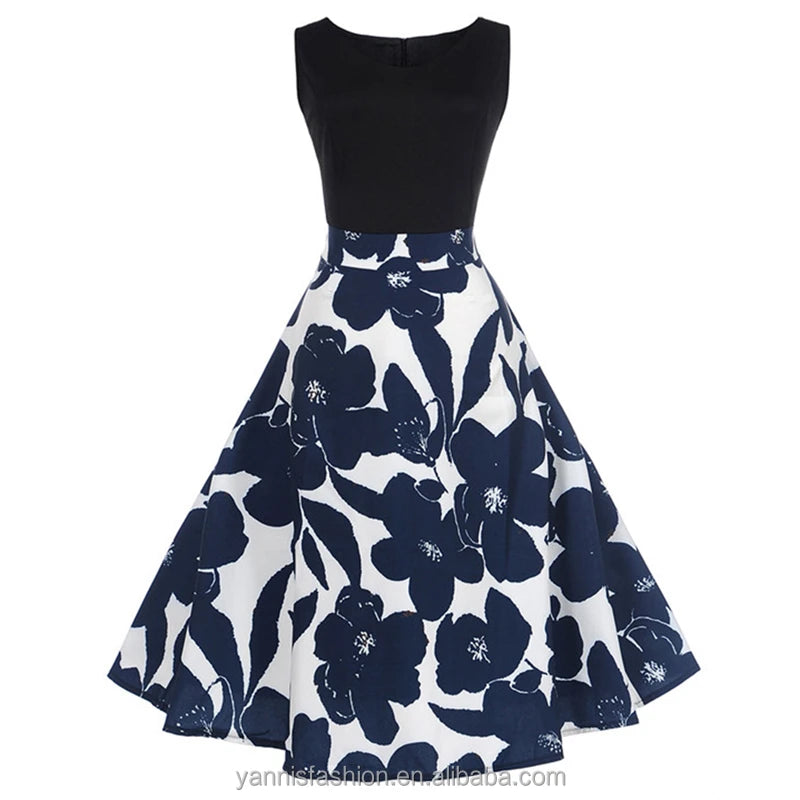 YSMARKETWomen Summer Dress Contrast Color Clothing Floral Robe Retro Swing Casual 50s Vintage Rockabilly Dresses Vestidos