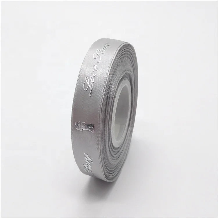 New Arrival Puff and Silver Foil Raised Printed Satin Ribbon With Love Story Logo in Stock Sale