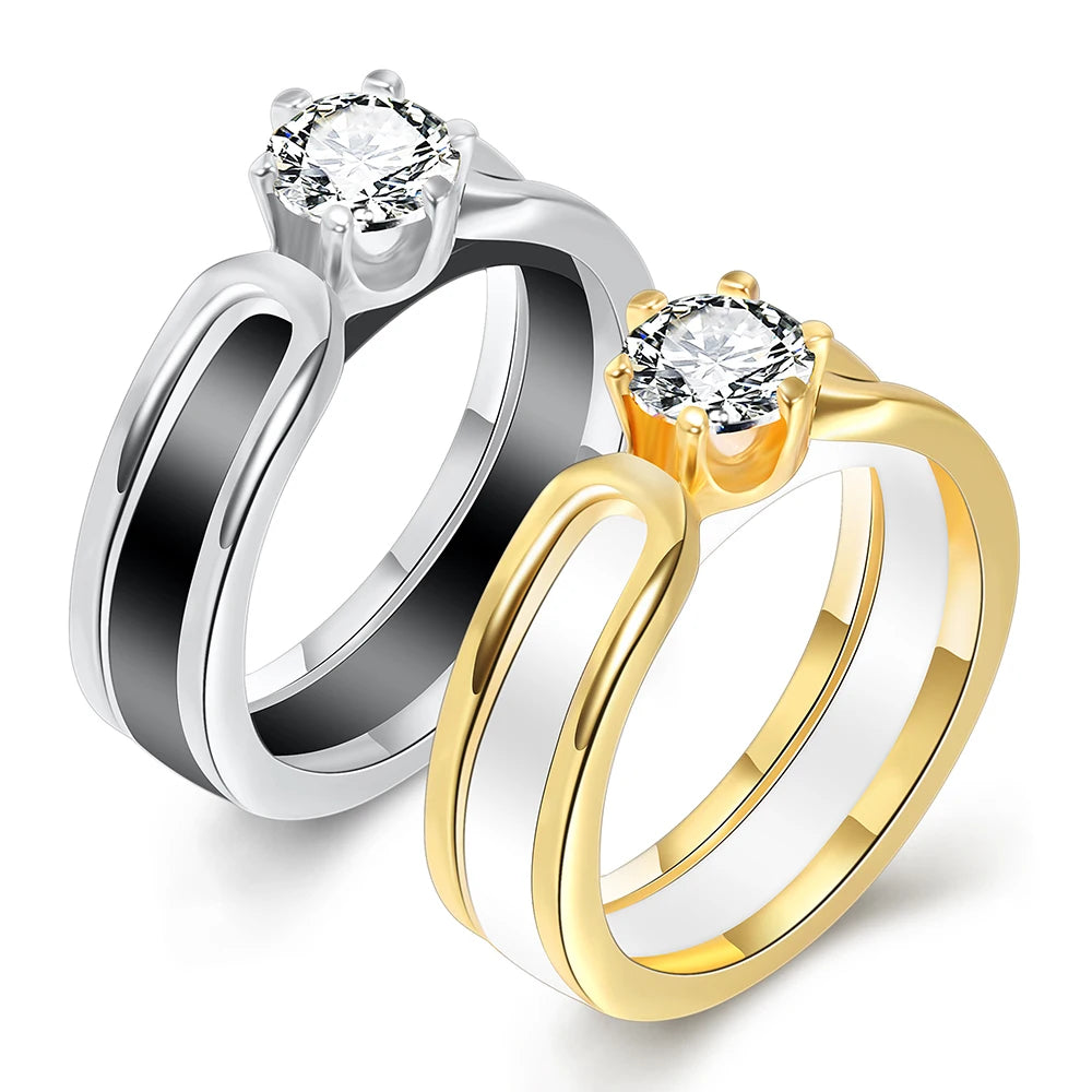 Ceramic Rings 2 Layers Black/White Ceramic Crystal Wedding Rings Jewelry AAA Zircon Stainless Steel Rhinestone Engagement