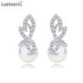 LUOTEEMI Newest Arrival Fashion Jewelry White Gold Plated Clear CZ and Pearl Charm Earrings