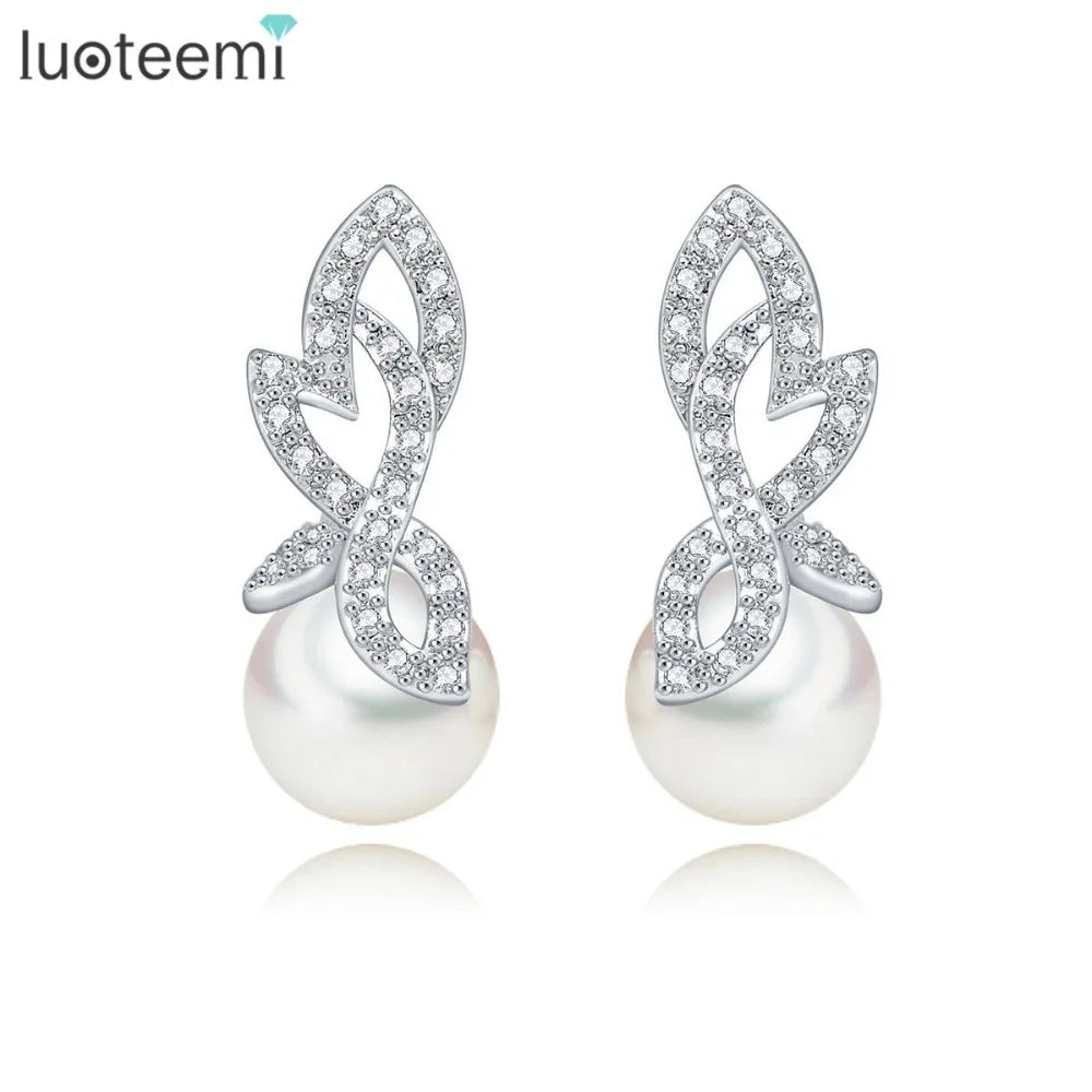 LUOTEEMI Newest Arrival Fashion Jewelry White Gold Plated Clear CZ and Pearl Charm Earrings