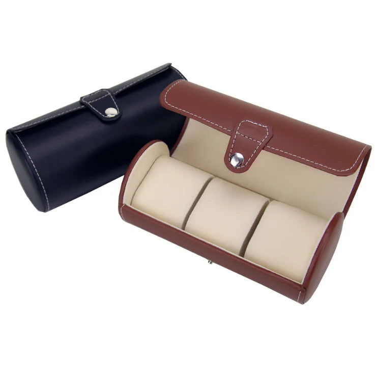Popular Brown Black PU Leather 3 Slots Cylinder Roll  Travel Watch Storage Box Case