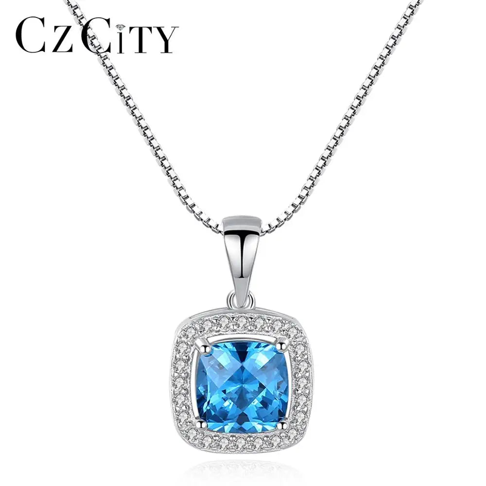 CZCITY Delicate Blue Geometric Design Pendant Necklace for Women 925 Sterling Silver Necklace