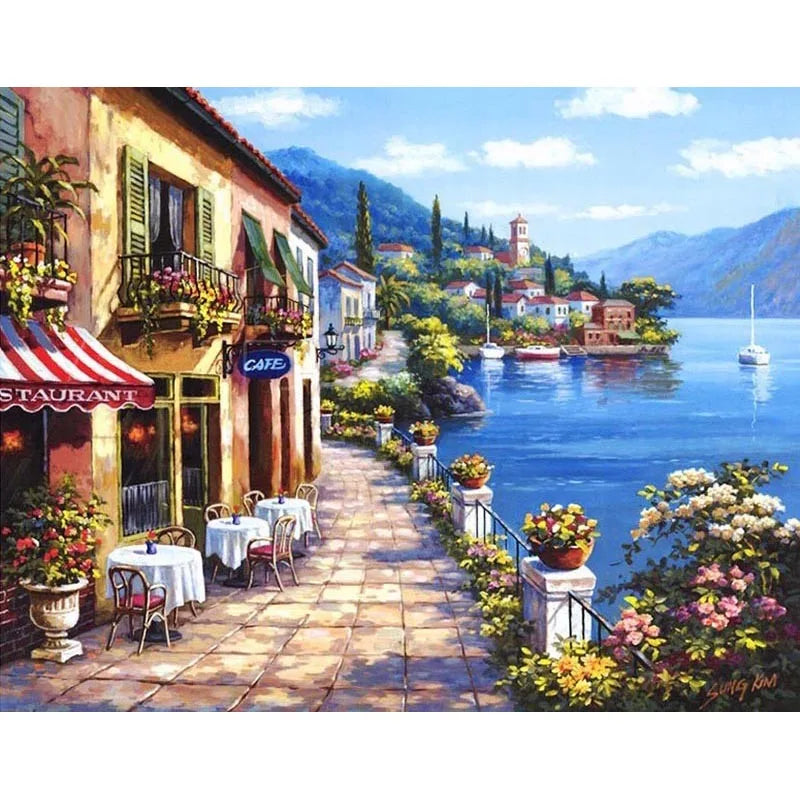 CHENISTORY DZ1298 Paint by Numbers Kits Oil Painting Harbor No Frame for Wholesale
