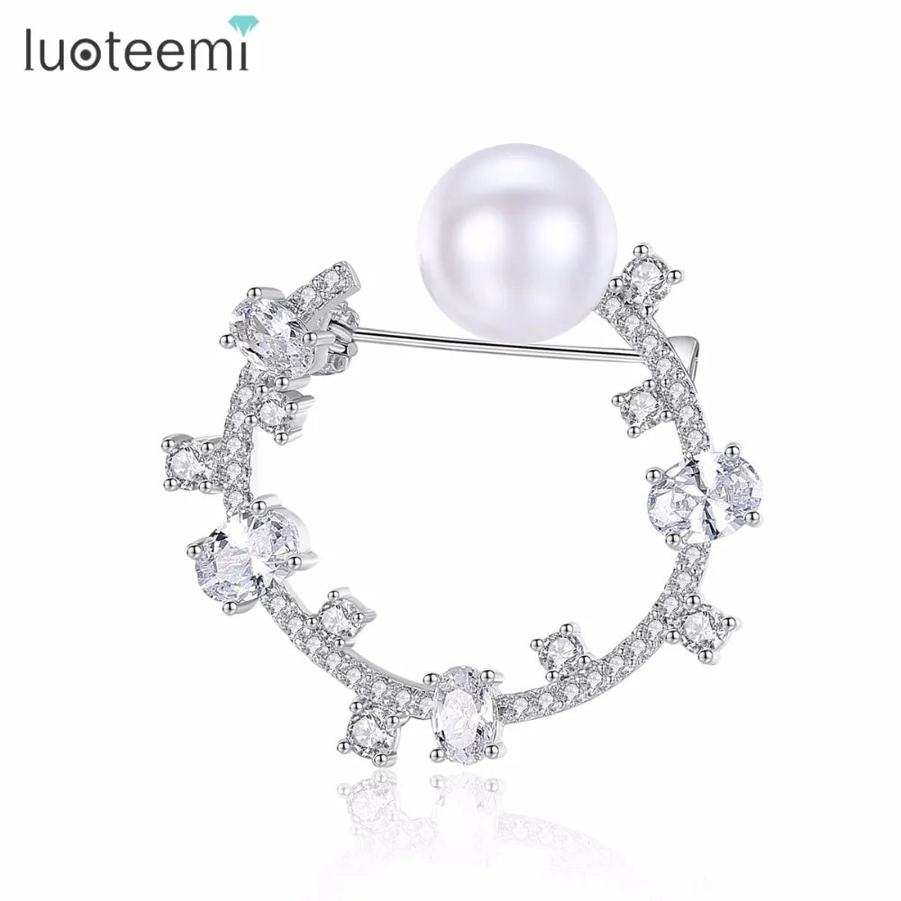 LUOTEEMI Broches Wedding Pearl Circle Brooches for Women Bijoux Safety Scarf Hijab Pin