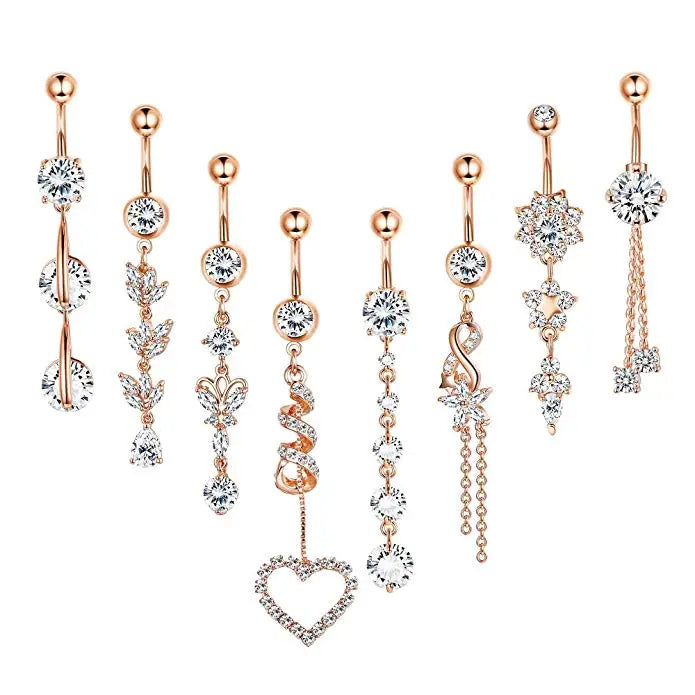 Set 8 14G 316L Stainless Steel Dangle Belly Button Navel Ring Clear Zircon Inlay Body Piercing Jewelry for Women's Wedding