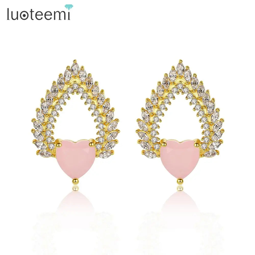LUOTEEMI Luxury Fashion Heart Shape Stud Earrings  CZ Pave Lovely Korea Earring Gift for Girl Wholesale Jewelry
