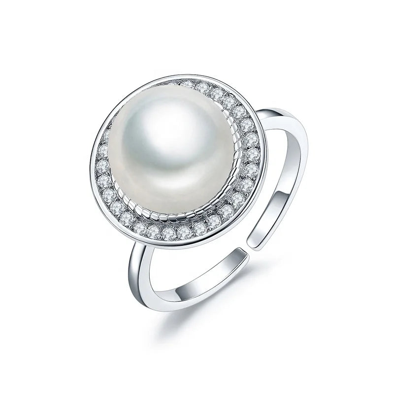 Elegant Round 10mm Large Fresh Water Original Natural rare Jewelry Pearls Open Adjustable Silver Trendy Ring Pearl Setting