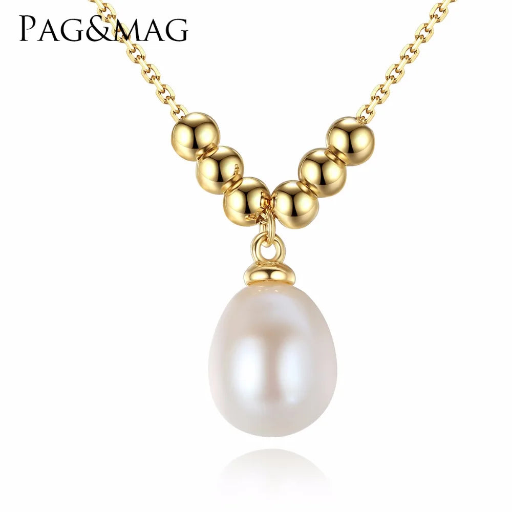 Pag&Mag Brazilian Style Wholesale Gold Color Silver Bead Paved Nice Quality Natural Pearl Pendant Necklace for Girl Party Gift