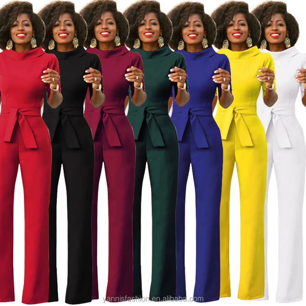 S-3XL NEW Formal Office Ladies Business Brief Jumpsuit Half Sleeve Top Long Pants Jumpsuit Elegant Slim Work Wear